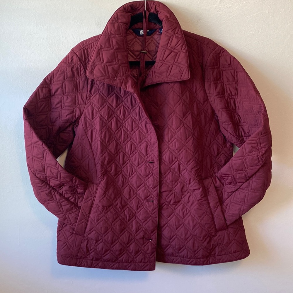 NWOT LANDS END PRIMALOFT BARN COAT ladies large wine color packable with bag